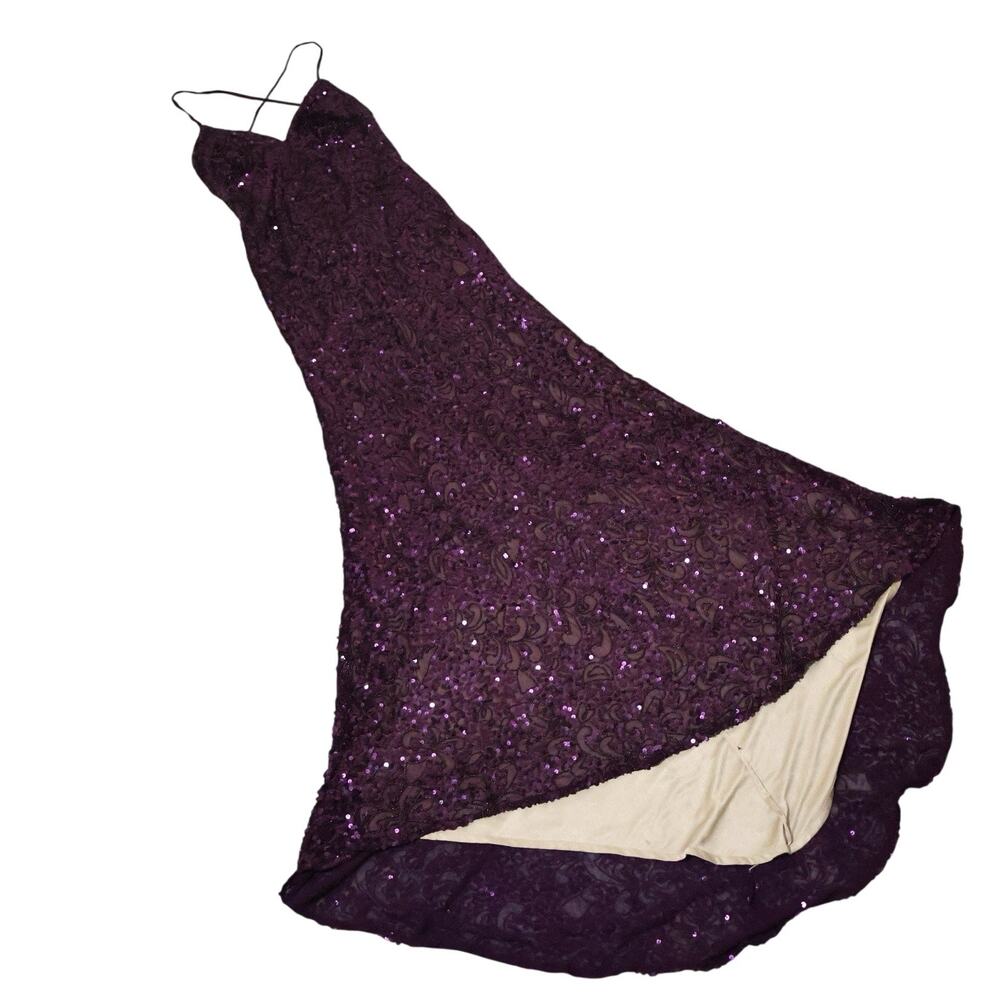 Vintage Scala Purple Beaded Silk Open Back Long Formal Gown Dress Train 4 Prom